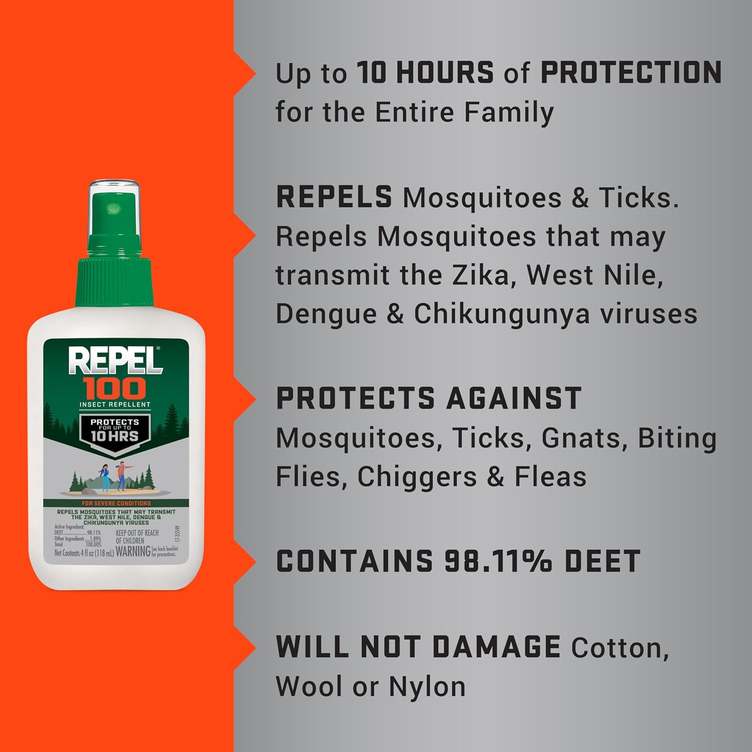 Repel 100 Mosquito and Insect Repellent, 4 Ounces, With DEET, 10-Hour Protection Long-Lasting Insect Repellent Bug Spray Repels Mosquitoes, Ticks, Gnats, Biting Flies, Chiggers And Fleas - 图片 12
