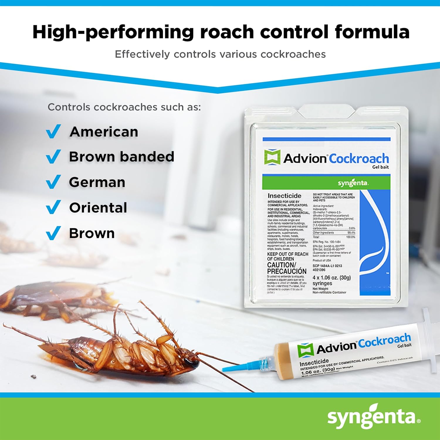Advion Cockroach Gel Bait, 4 Tubes x 30-Grams, 1 Plunger and 2 Tips, German Roach Insect Pest Control, Indoor and Outdoor Use, Roach Killer Gel for American, German and Other Major Cockroach Species - 图片 7