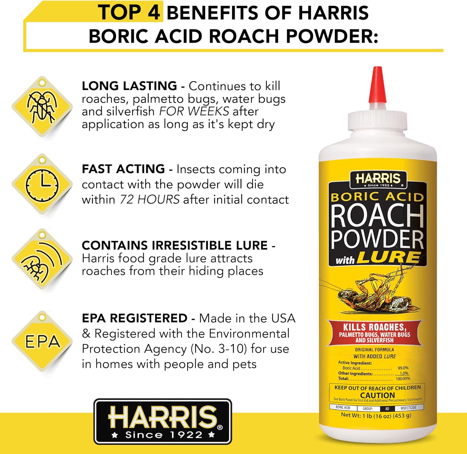 HARRIS Boric Acid Roach and Silverfish Killer Powder w/Lure for Insects (16oz) - 图片 7