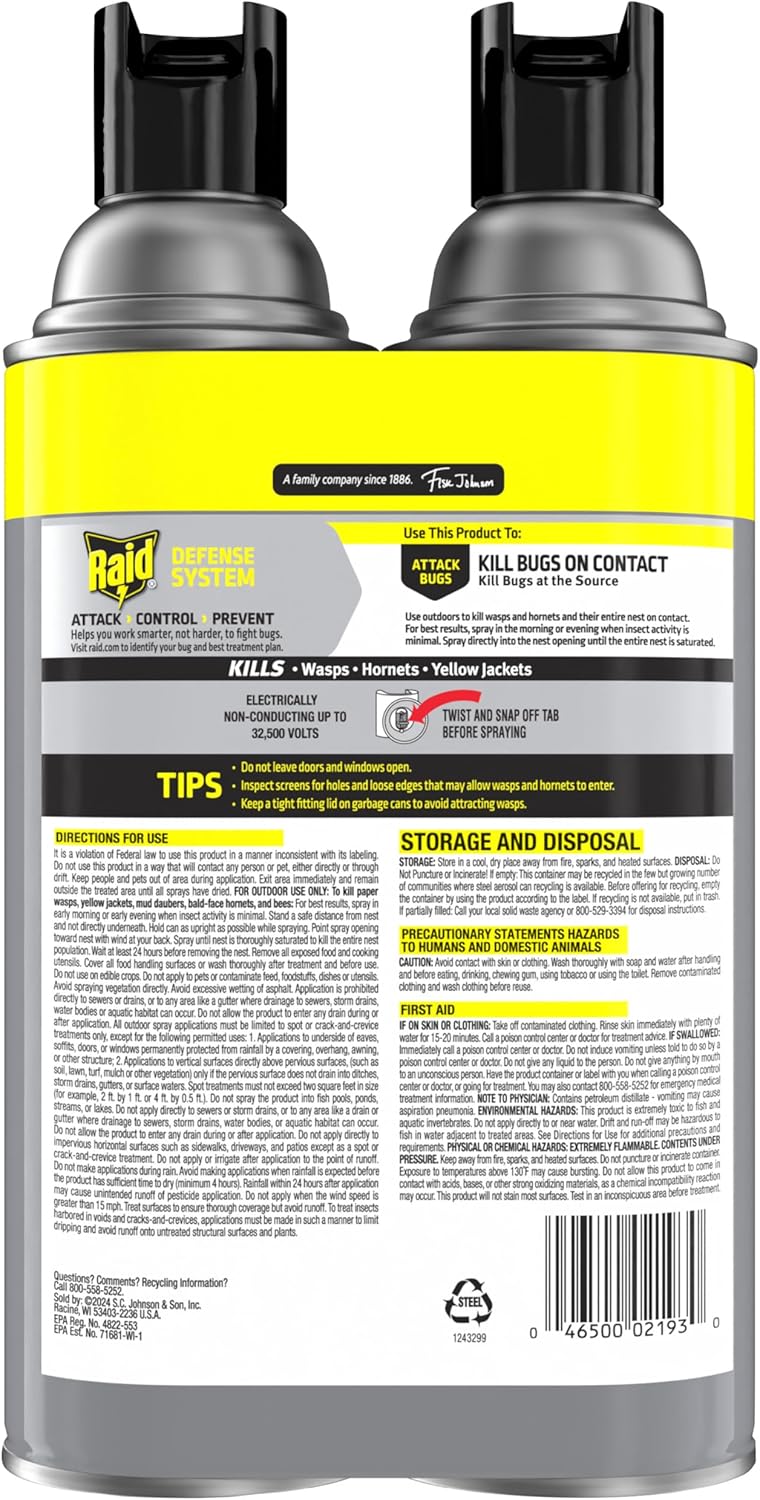 Raid Wasp & Hornet Killer Spray, Kills the Entire Nest, For Paper Wasps, Yellow Jackets, Mud Daubers and more, 14 oz (Pack of 2) - 图片 9