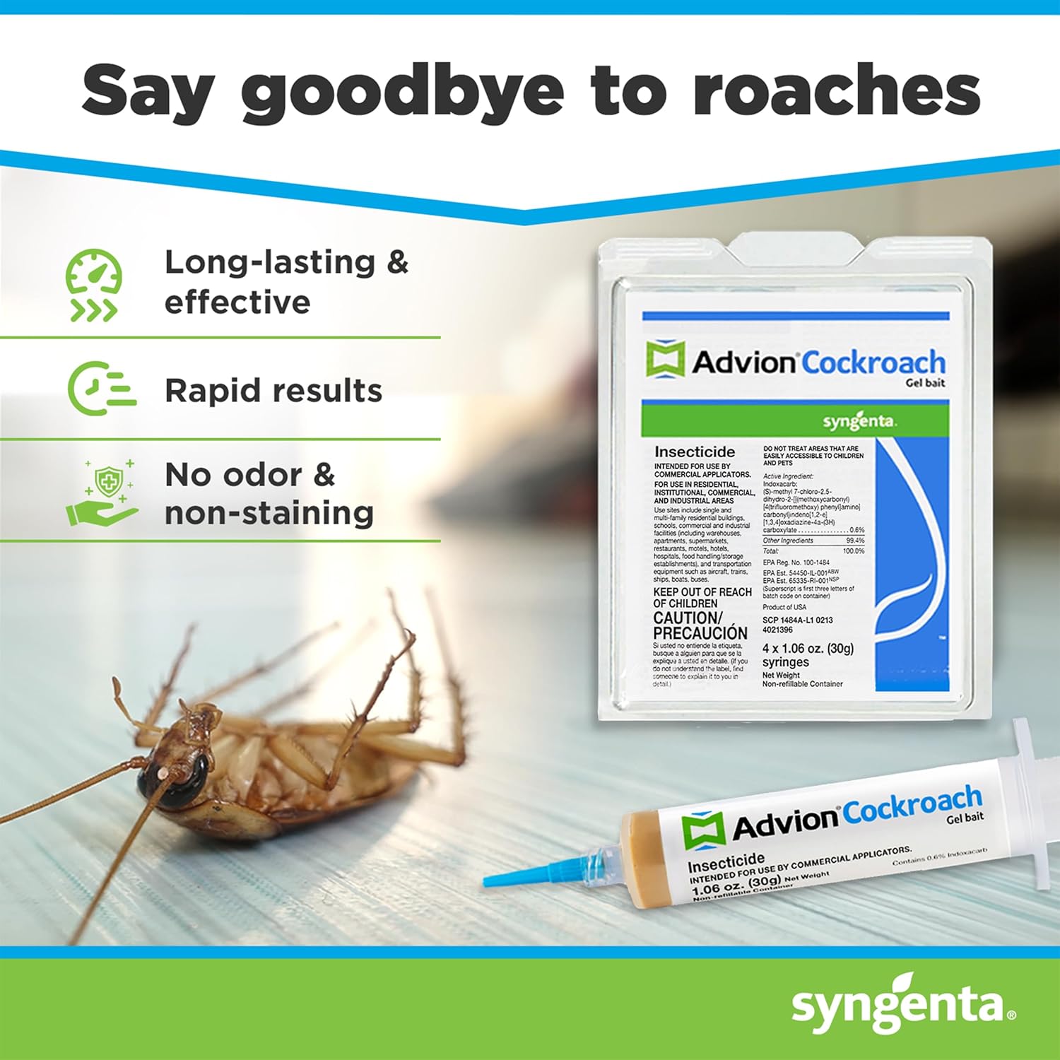 Advion Cockroach Gel Bait, 4 Tubes x 30-Grams, 1 Plunger and 2 Tips, German Roach Insect Pest Control, Indoor and Outdoor Use, Roach Killer Gel for American, German and Other Major Cockroach Species - 图片 3